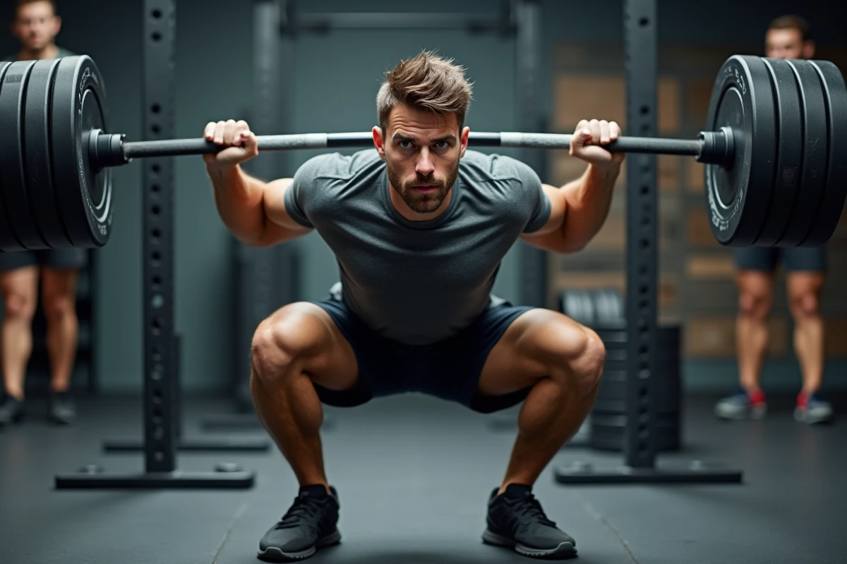Homme effectuant un squat avec les genoux qui rentrent vers l'intérieur, erreur fréquente de technique à la salle de sport
