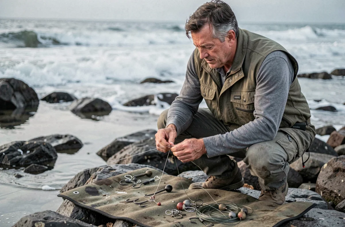 Pêcheur en train de monter un bas de ligne surfcasting sur des rochers au bord de l'Atlantique, avec des erreurs de montage visibles comme des émerillons mal positionnés