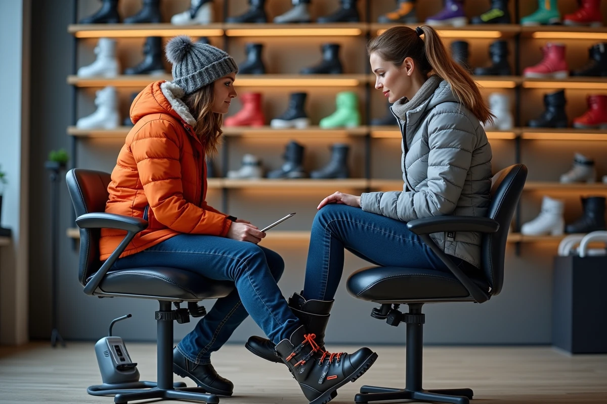 Vendeuse spécialisée ajustant une chaussure de ski sur le pied d'une cliente dans un magasin de sport avec des rayons de chaussures en arrière-plan