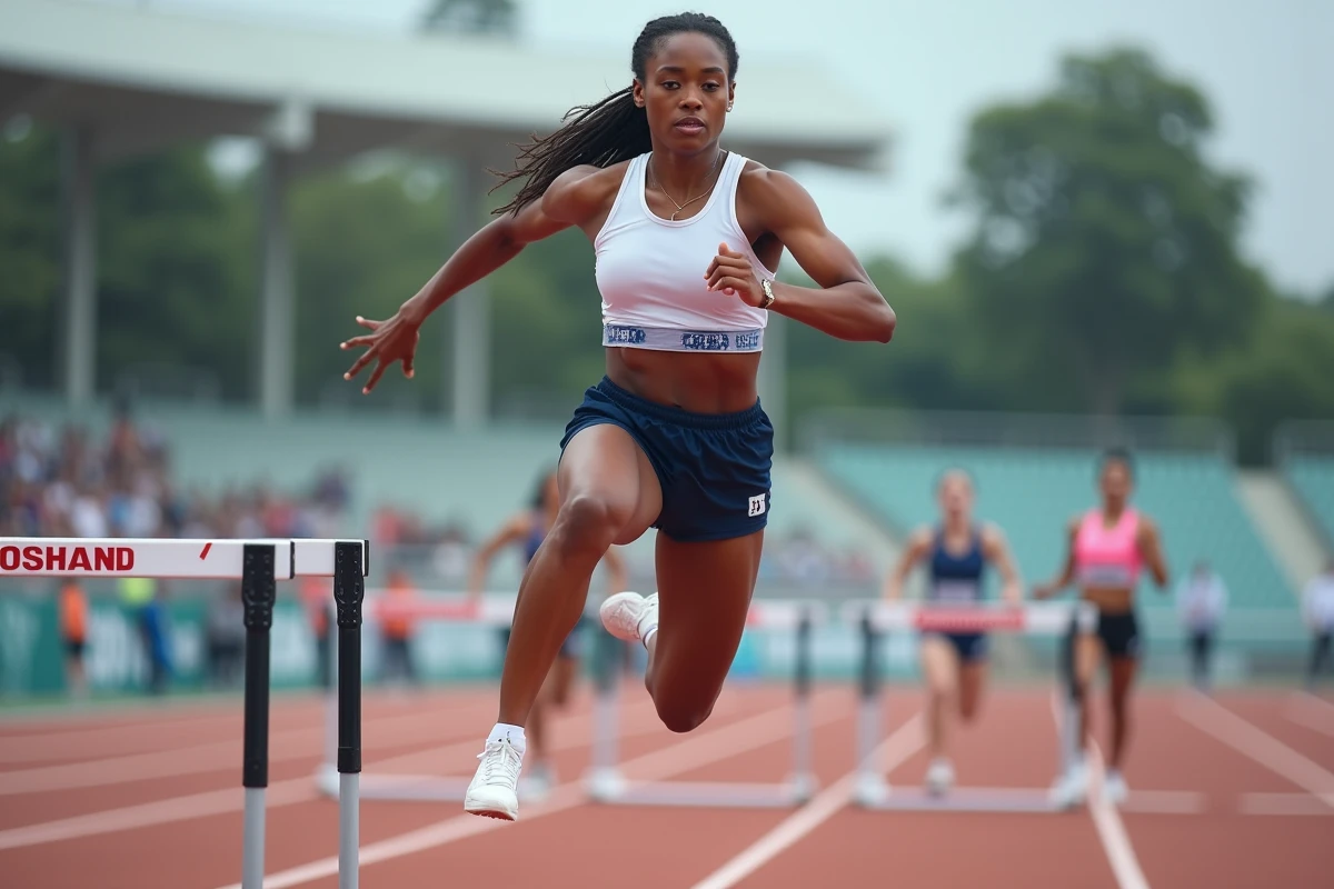 Athlète féminine franchissant une haie en pleine compétition d'athlétisme, mouvement dynamique saisi en plein vol