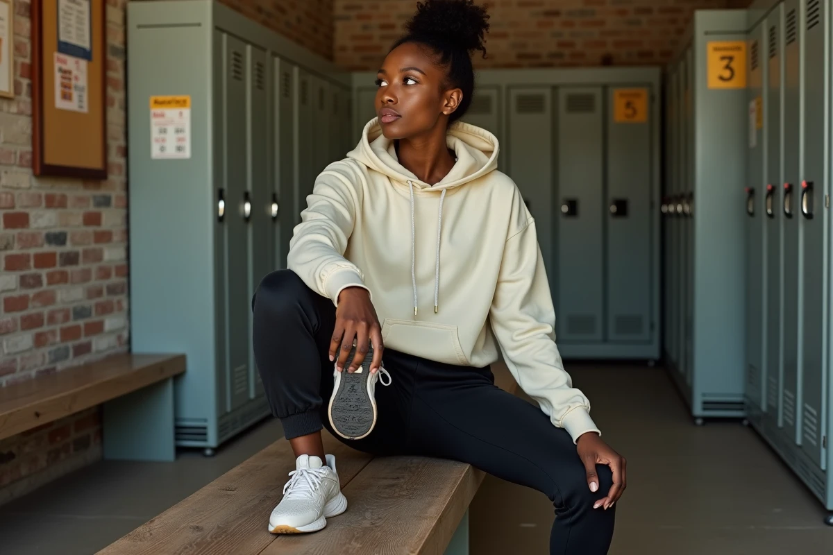 Portrait intimiste d'une championne de haies dans un vestiaire d'athlétisme, moment de réflexion après l'effort