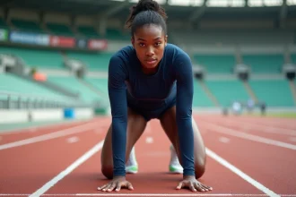 Ewanje Epee en position de départ sur une piste d'athlétisme, concentrée avant une course de haies en stade olympique
