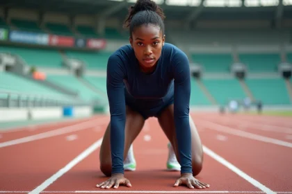 Ewanje Epee en position de départ sur une piste d'athlétisme, concentrée avant une course de haies en stade olympique