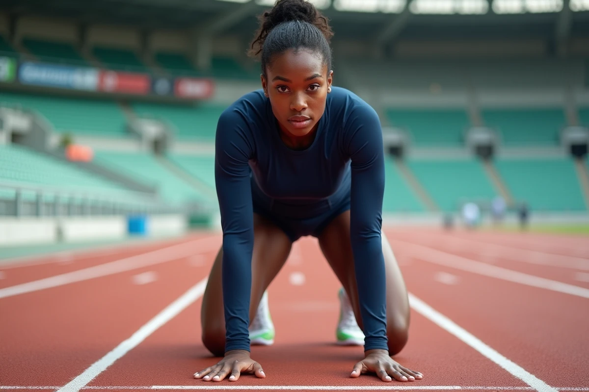 Ewanje Epee en position de départ sur une piste d'athlétisme, concentrée avant une course de haies en stade olympique