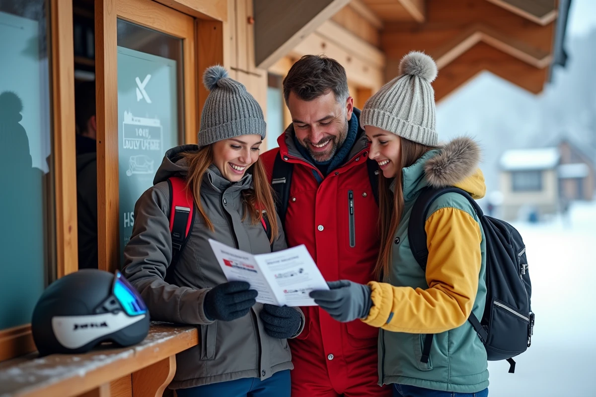 Famille en tenue de ski consultant les formules de forfait au guichet d'une station de ski