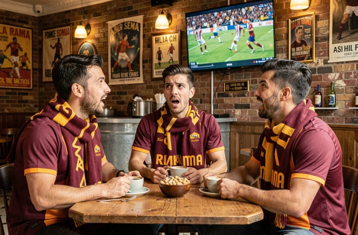 Groupe d'amis français supporters de l'AS Roma regardant un match dans un café parisien