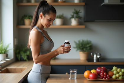 Femme sportive lisant une étiquette de supplément de carnitine dans la cuisine