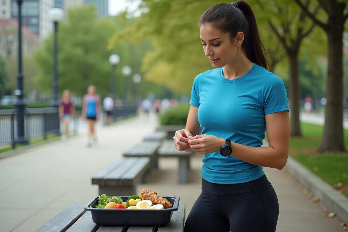 Femme sportive ouvrant un repas sain en plein air