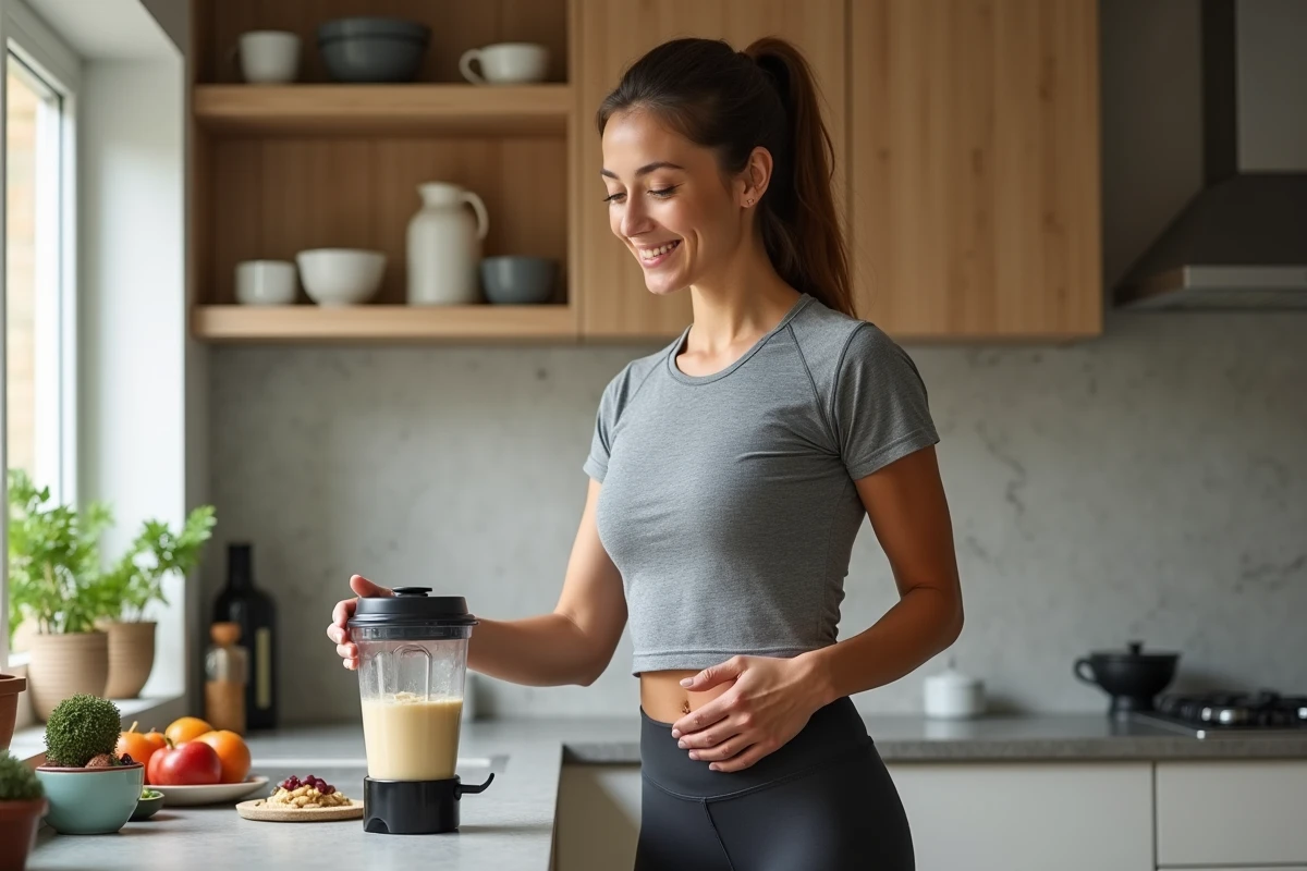 Femme souriante préparant un smoothie dans une cuisine moderne