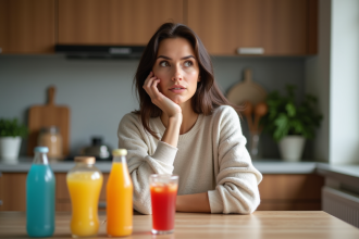 Femme pensant devant des boissons énergisantes à la maison