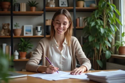 Femme souriante dans un bureau à domicile cosy