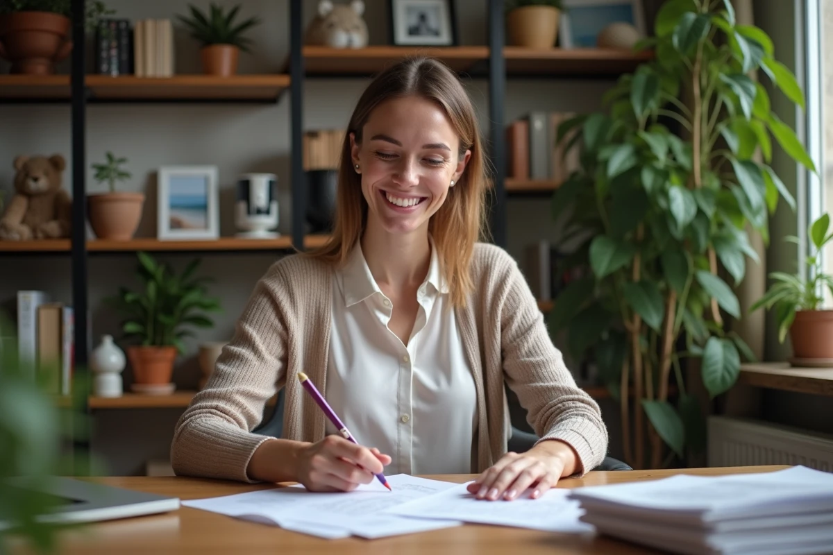 Femme souriante dans un bureau à domicile cosy