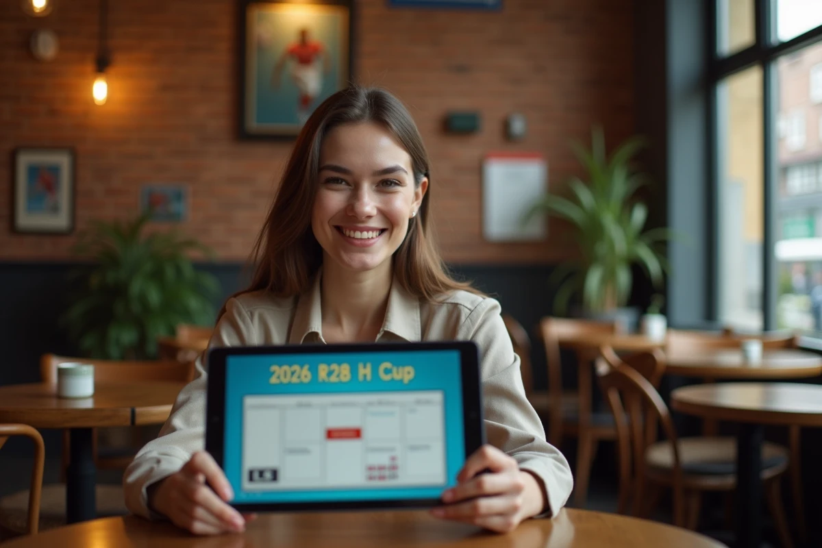 Jeune femme avec tablette affichant le calendrier H Cup dans un café