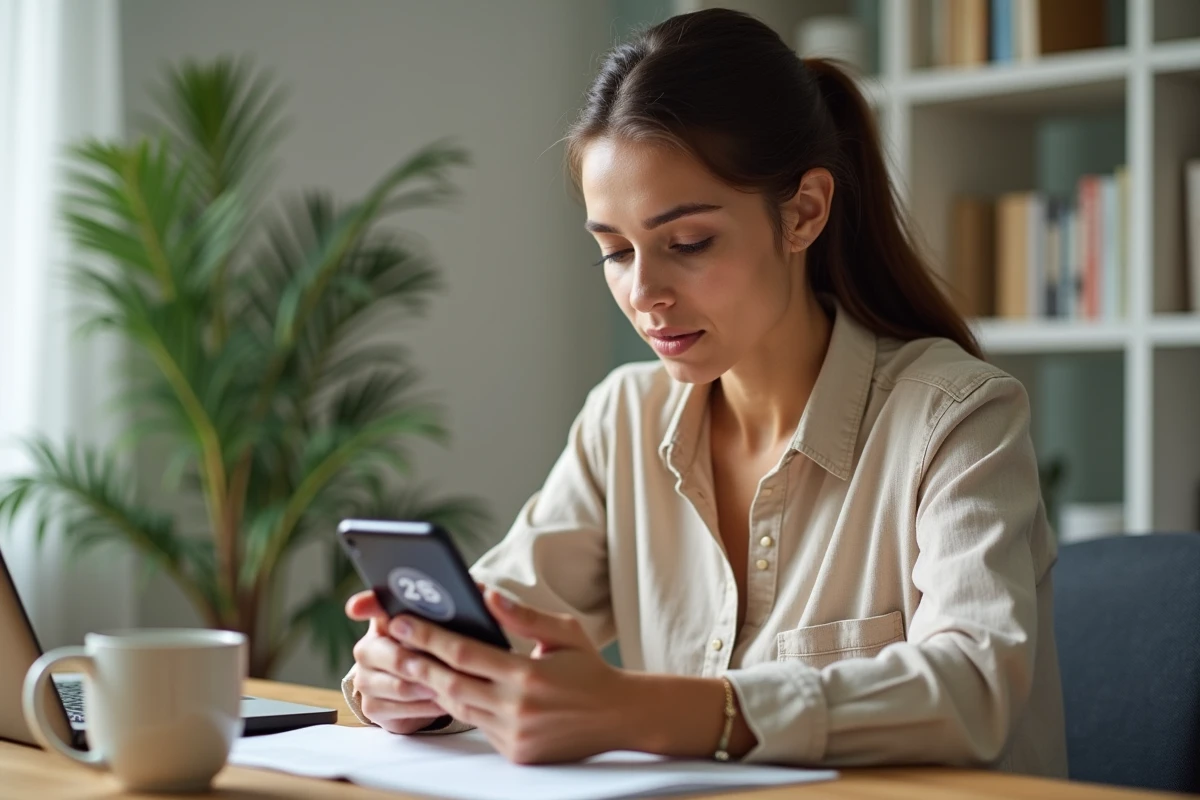 Femme consultant les statistiques de pas sur son smartphone pour analyser la distance de 7500 pas en kilomètres