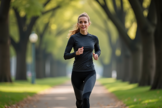 Femme en course dans un parc urbain feuillu