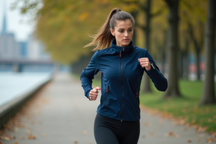 Jeune femme courant près de la rivière avec tracker