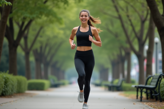 Jeune femme sportive courant dans un parc urbain