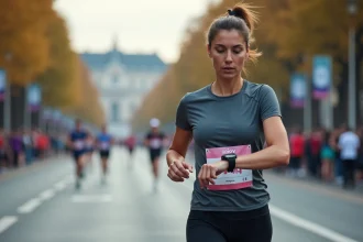 Femme concentrée en course urbaine lors d'un semi-marathon