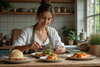 Jeune femme préparant un repas sain à la maison