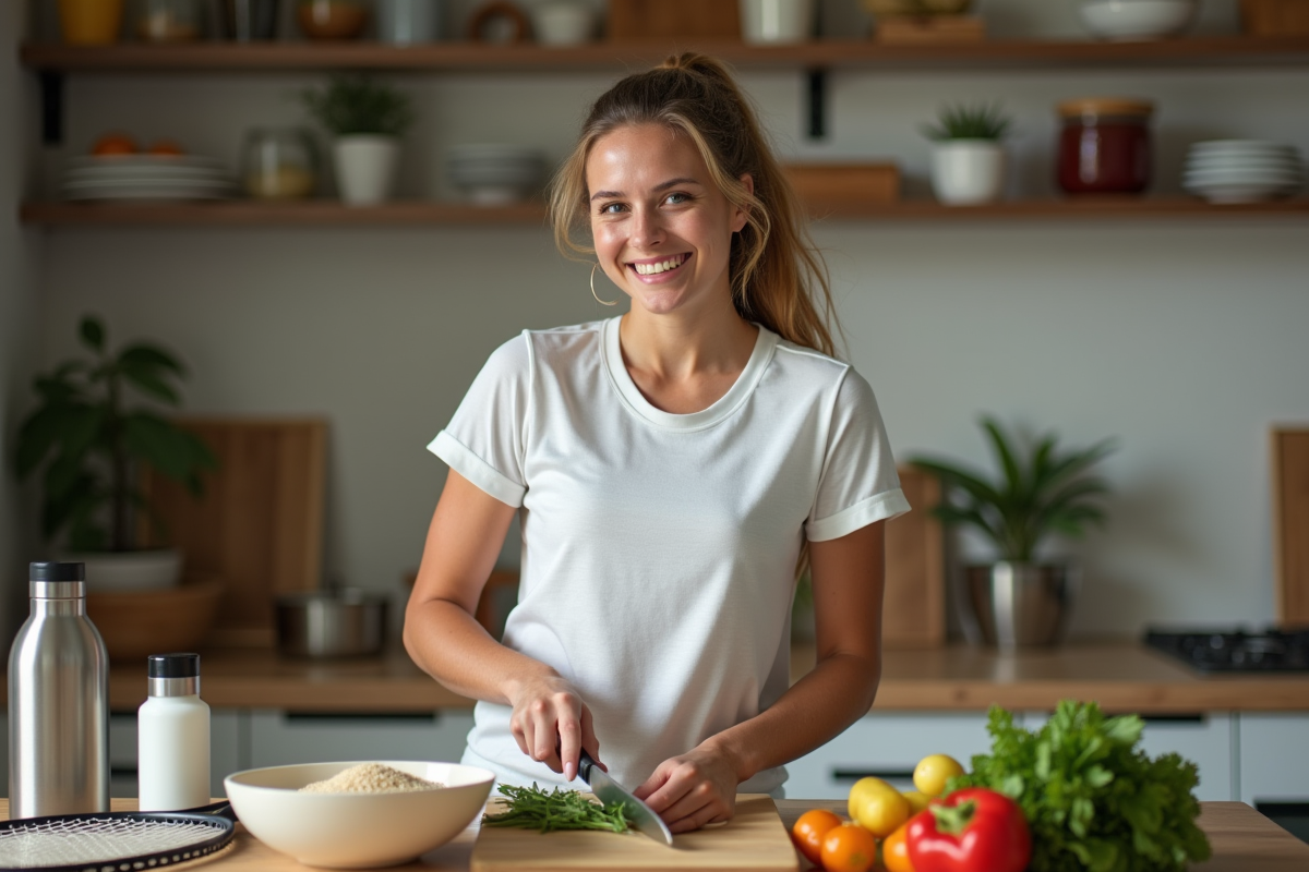 Femme préparant un repas sain dans une cuisine moderne