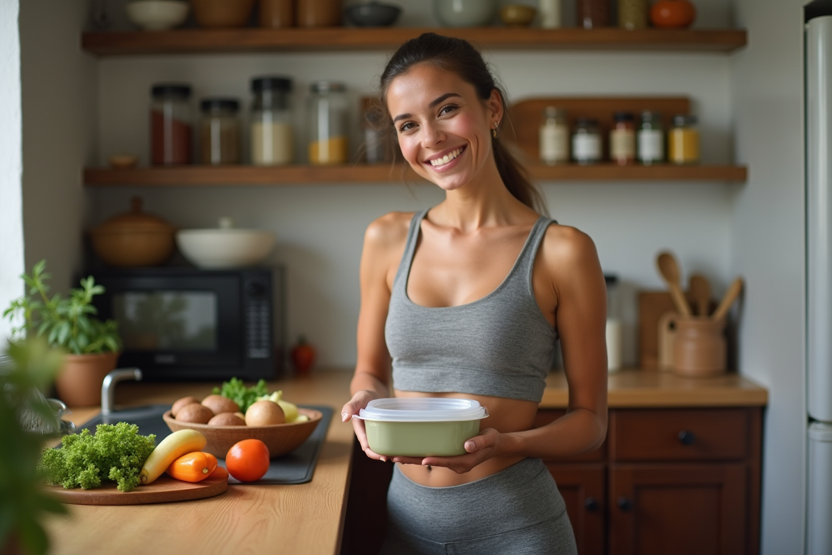 Femme souriante préparant un repas dans une cuisine chaleureuse
