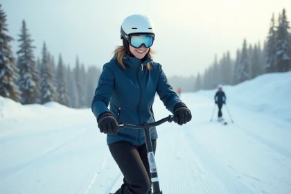 Femme adulte débutante testant une patinette ski sur une piste enneigée en station de montagne