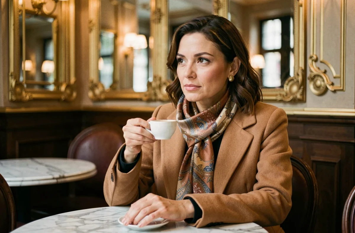 Femme élégante et mystérieuse assise dans une brasserie parisienne, illustrant le profil discret et intrigant de l'épouse d'une célébrité française