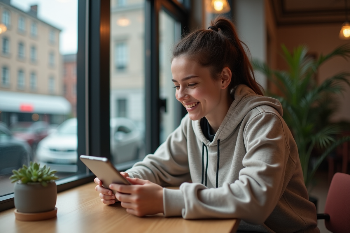 Jeune femme footballer regardant son tablet au café