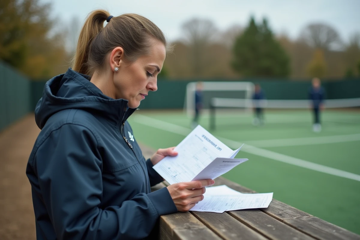 Femme entraîneur analysant des notes de match en extérieur