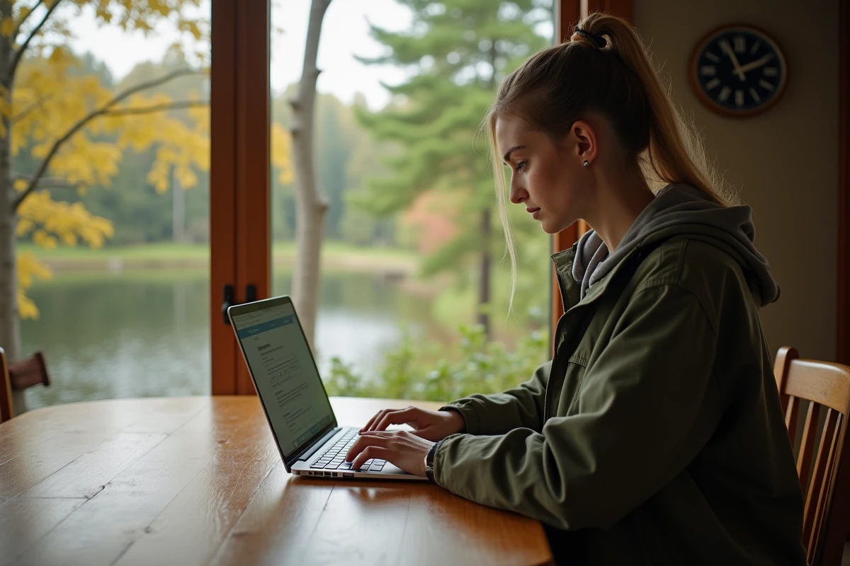 Jeune femme inscrivant sa licence de pêche en ligne à la maison