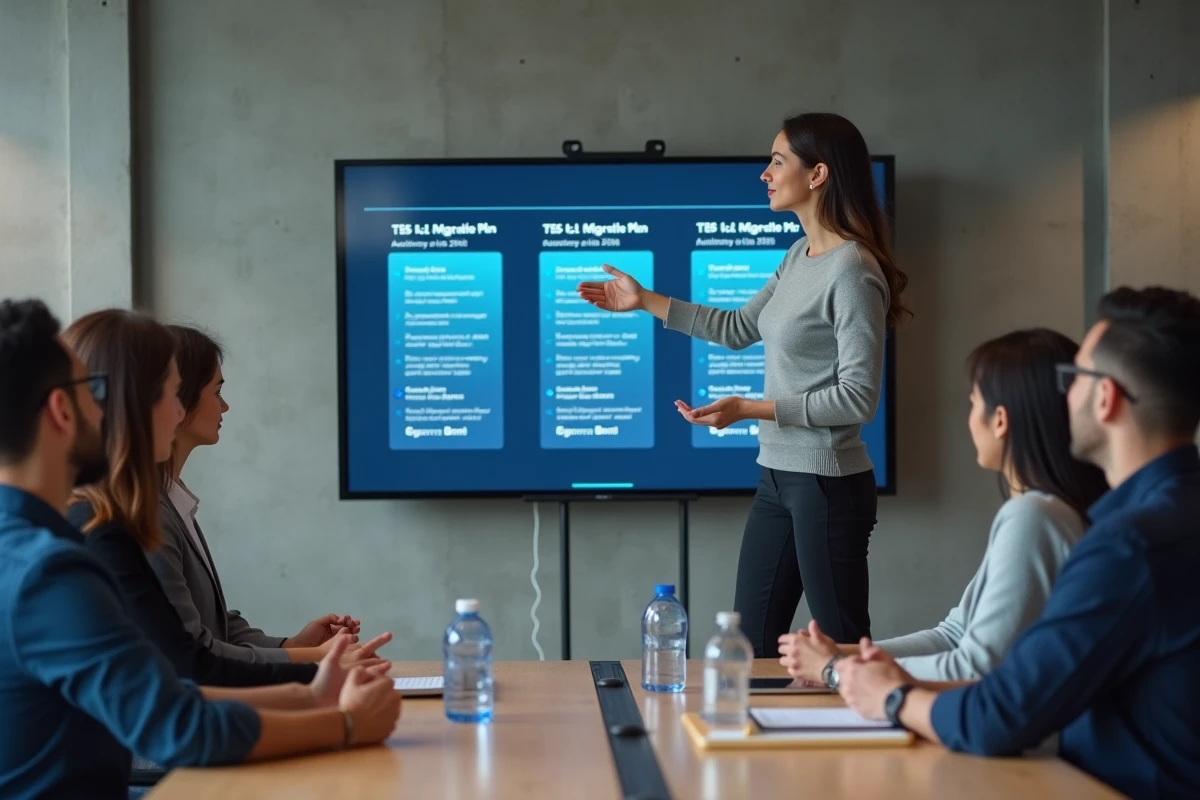 Jeune femme IT présente un plan de migration à ses collègues