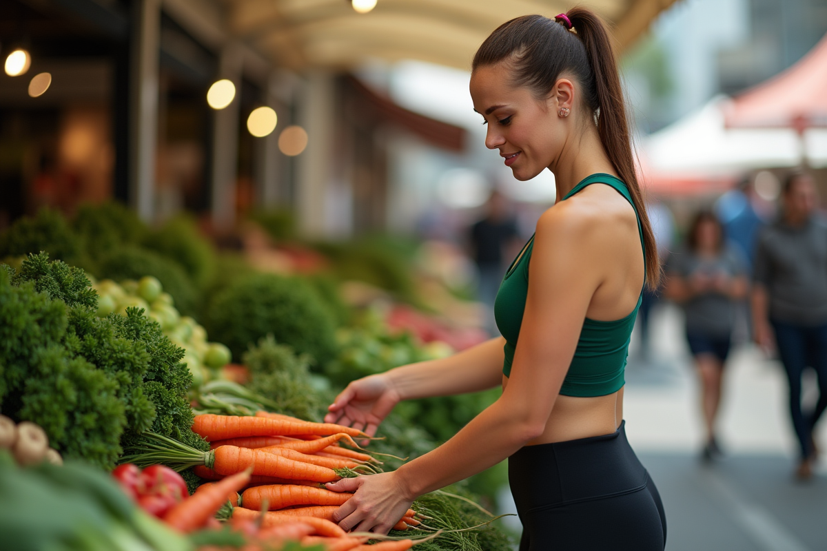 Femme sportive choisissant des carottes au marché