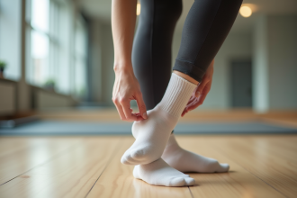 Femme en tenue de pilates ajustant ses chaussettes minimalistes