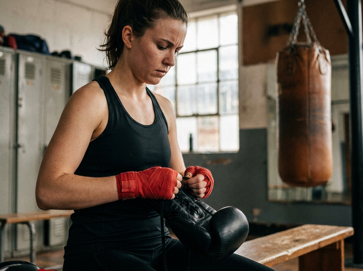 Femme se préparant pour sa première séance de boxe en salle en enfilant ses gants de boxe rouges dans un vestiaire de salle de sport