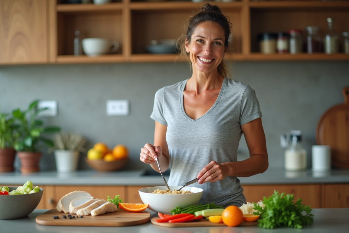 Femme en tenue de sport préparant un repas équilibré