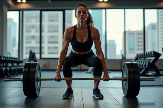 Femme en pleine levée de deadlift dans une salle de sport moderne
