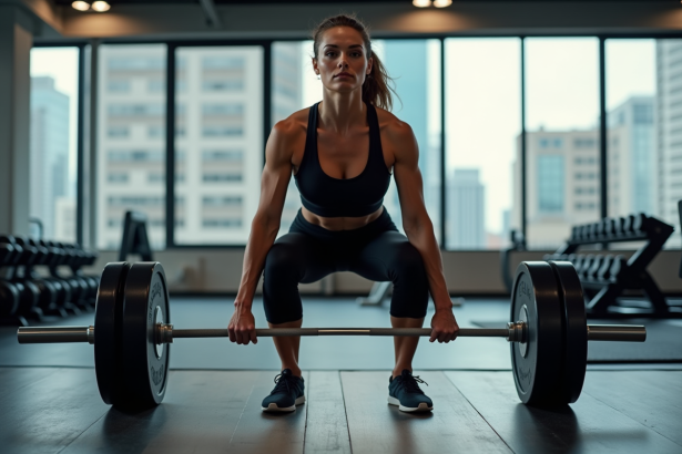 Femme en pleine levée de deadlift dans une salle de sport moderne