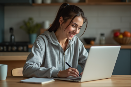Femme en tenue sportive compare options de gym à la maison