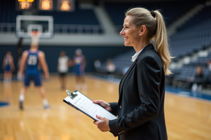 Femme confiante en tenue sportive élégante sur un terrain de basketball