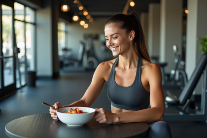 Femme sportive mangeant un bol de fruits dans une salle de gym