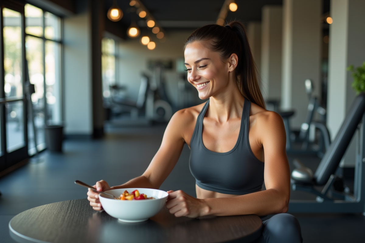 Femme sportive mangeant un bol de fruits dans une salle de gym