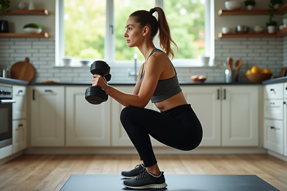 Femme faisant des squats avec haltères dans la cuisine
