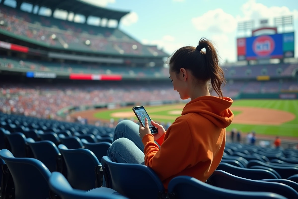 Jeune femme en hoodie orange regarde son téléphone au stade