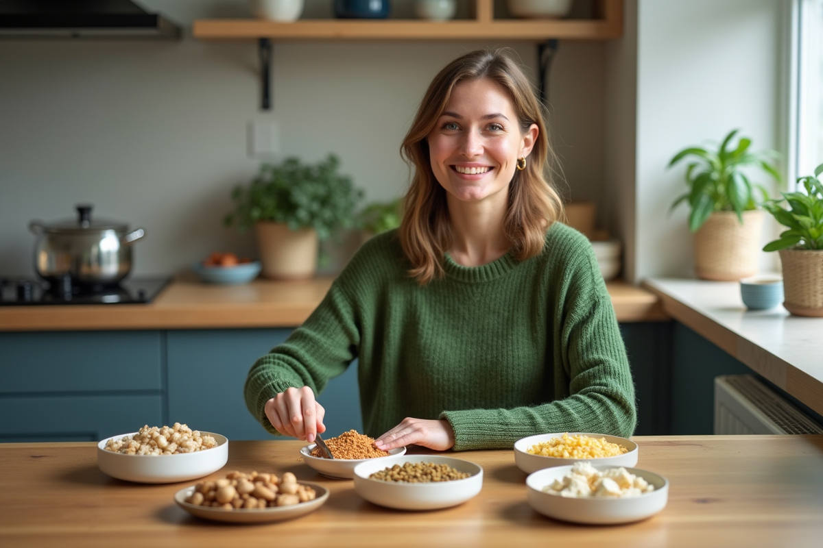 Femme souriante arrangeant des protéines végétales dans la cuisine