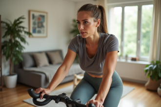 Femme faisant du vélo d'appartement dans un salon lumineux