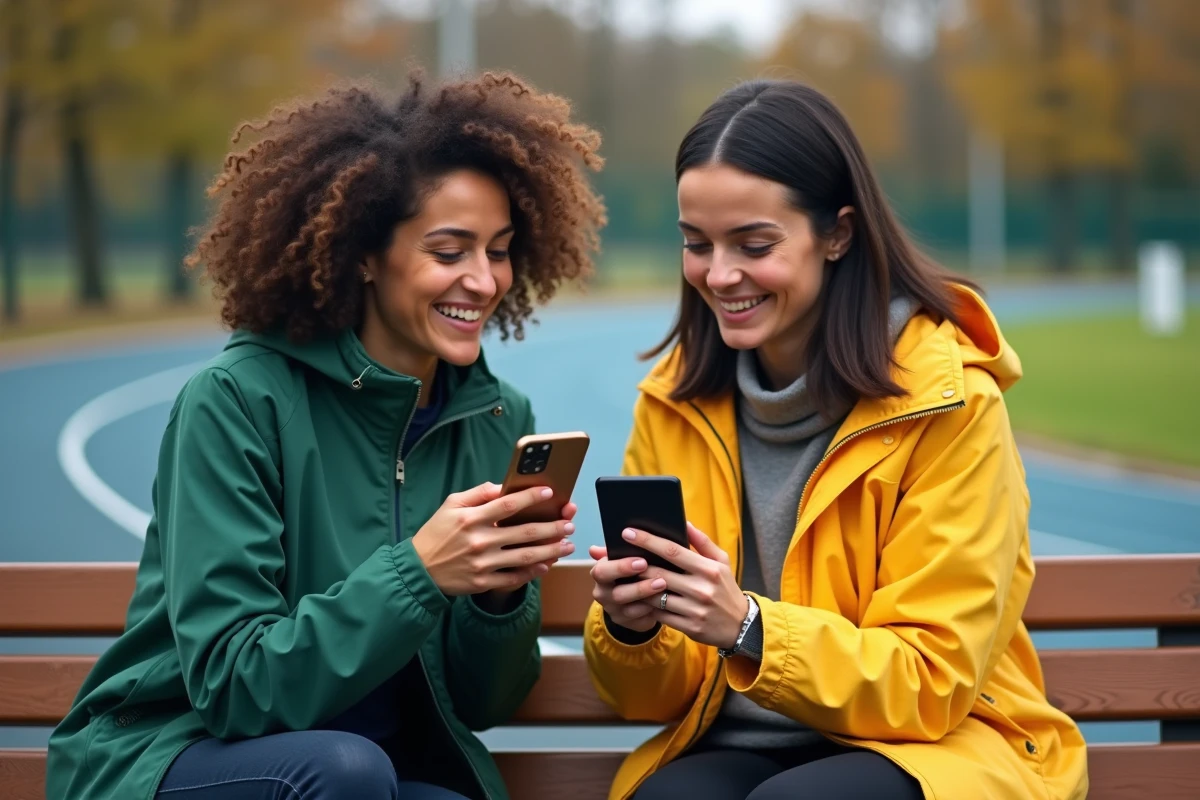 Deux femmes nouvellement arrivées à Amiens explorant les actualités sportives locales sur smartphone au bord d'une piste d'athlétisme