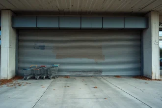 Façade fermée d'un magasin Intersport dans un centre commercial de périphérie urbaine avec rideaux métalliques baissés