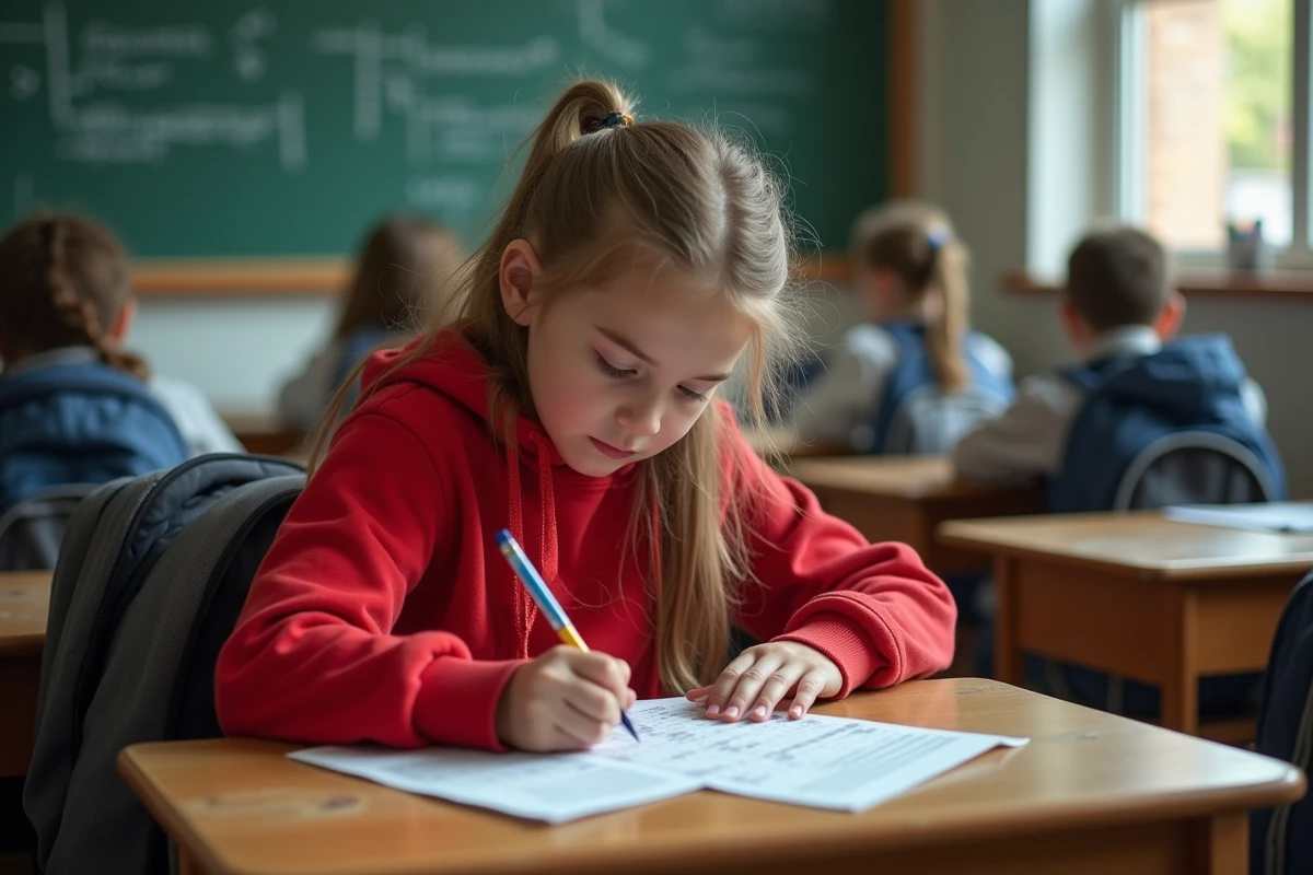 Adolescente en hoodie rouge résolvant un mots croises sport