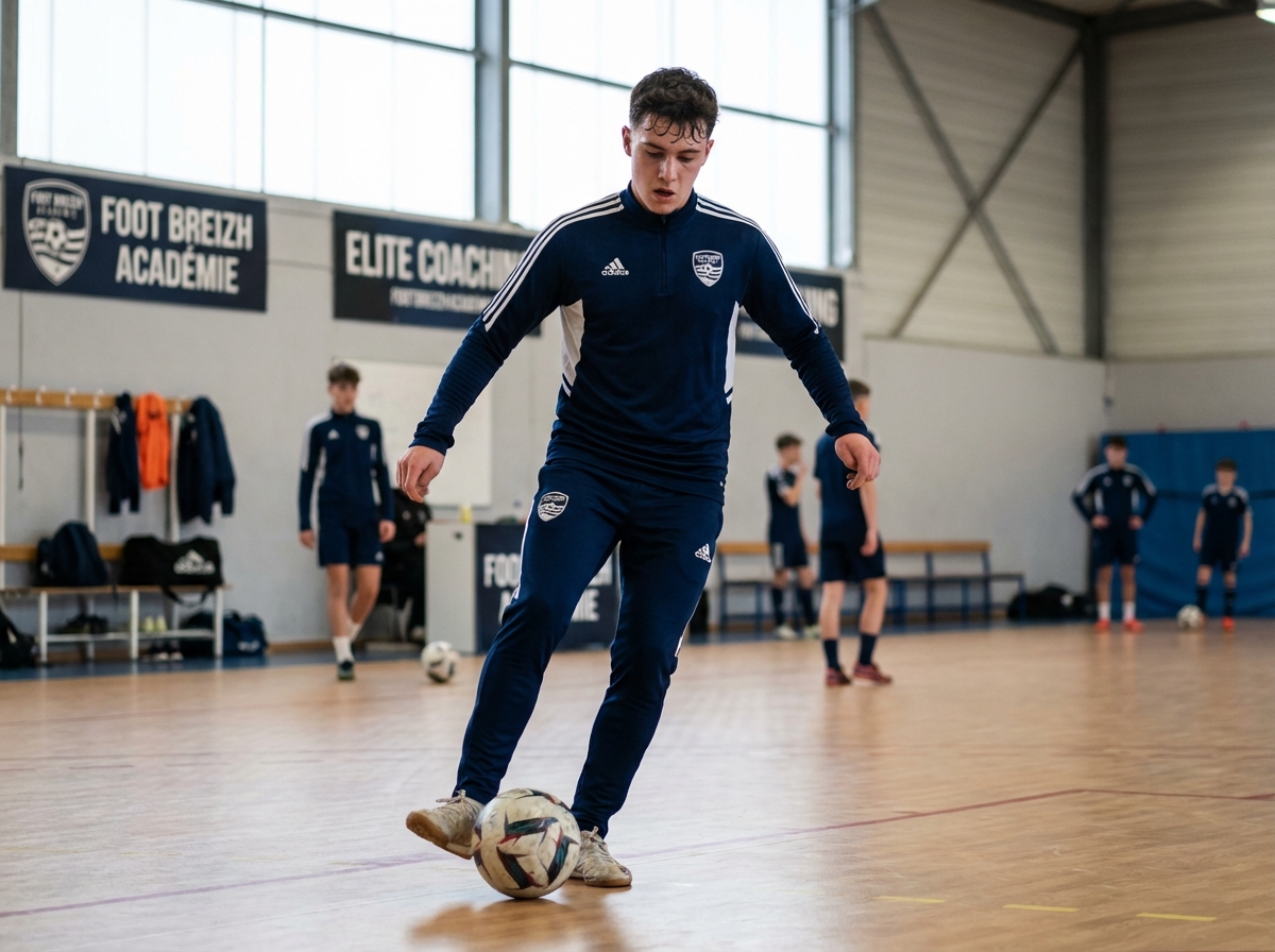 Jeune footballeur contrôle un ballon en salle