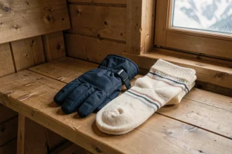 Gants de ski imperméables et chaussettes en laine mérinos posés sur un banc de chalet en bois